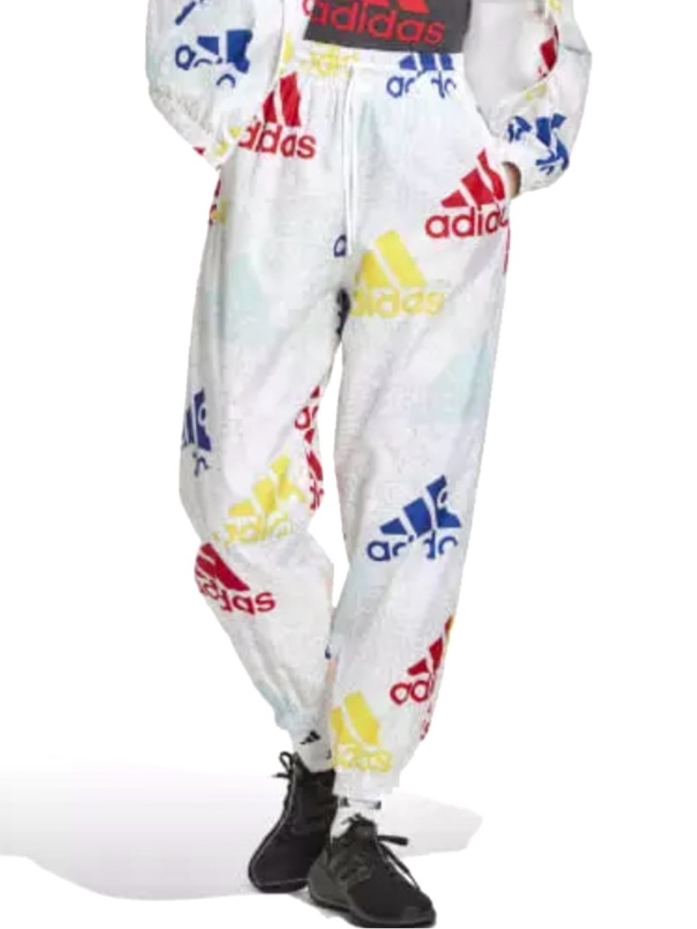 adidas White Graphic Logo Joggers with Multicolor Accents